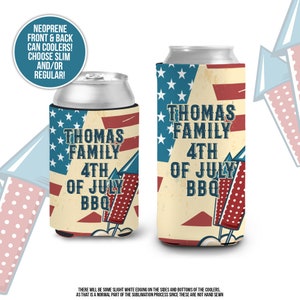 Fourth of July can coolies | family 4th of July bbq personalized can coolers | independence day bbq slim or regular size can coolies MCC-256