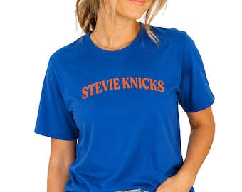 Stevie Knicks Tee: Retro Basketball Music Pun - Blue and Orange Fan Shirt
