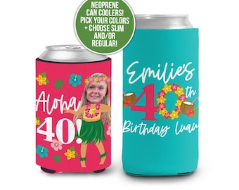 Enfriador de lata con foto personalizada para cumpleaños de 40 cumpleaños de Luau, cara divertida, lata hawaiana para fiesta de cumpleaños tropical, diseño de cara personalizada para coolies.