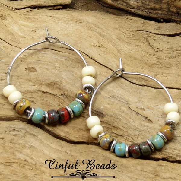 Stainless Steel Hoop Earrings - Picasso Seed Bead Hoop Earrings - Pierced Earrings - 1" (25mm) Hoops