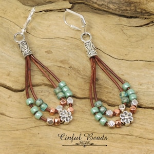 Leather Dangle Earrings-Boho Leather Earrings-Beaded Leather Earrings-Stone Green, Silver, Copper Leather Earrings-Leather Loop Earrings