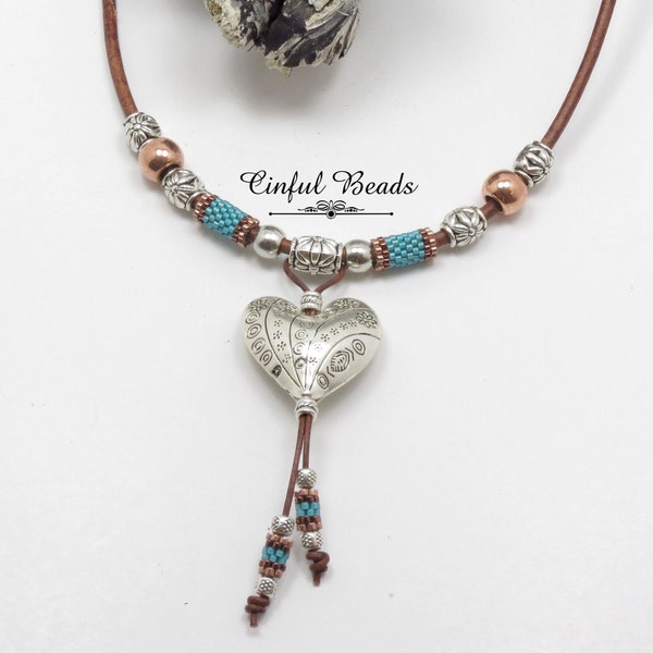 Boho Leather Heart Necklace, Silver Heart Pendant Necklace, Leather Necklace With Copper And Turquoise Peyote Tubes (LN24)