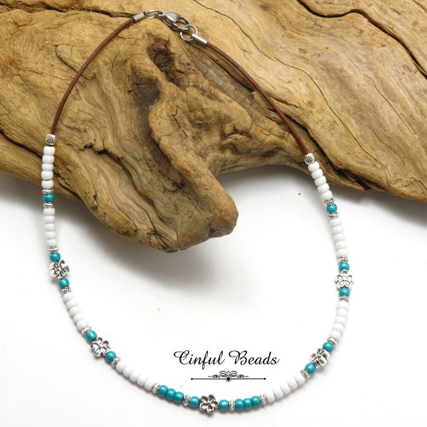 Minimalist Turquoise Beaded Leather Necklace - Dainty Southwestern Seed Bead Leather Choker - Dainty Leather Necklace For Women