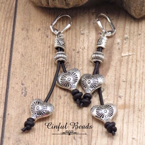 Silver Heart Earrings, Black Boho Leather Earrings, Silver Heart Leather Dangle Earrings, Silver Heart Fringe Earrings For Women