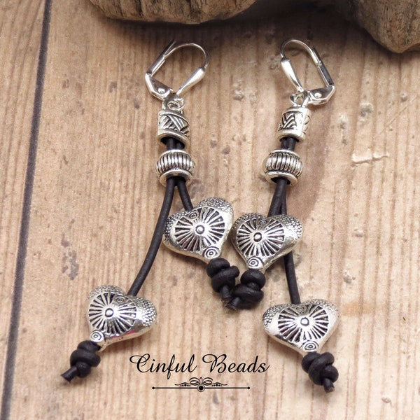 Silver Heart Earrings, Black Boho Leather Earrings, Silver Heart Leather Dangle Earrings, Silver Heart Fringe Earrings For Women