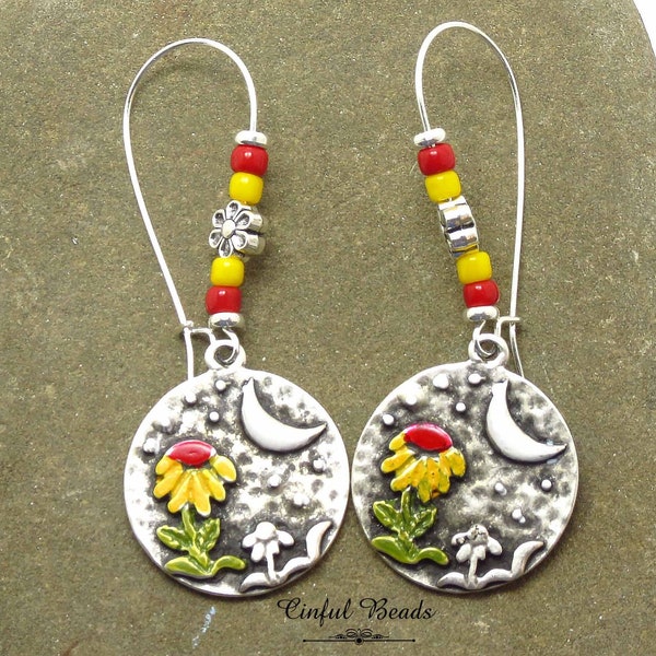Silver Boho Earrings with Hand Painted Flower Pendant - Celestial Earrings With Beaded Kidney Wires - Gift For Earring Lovers