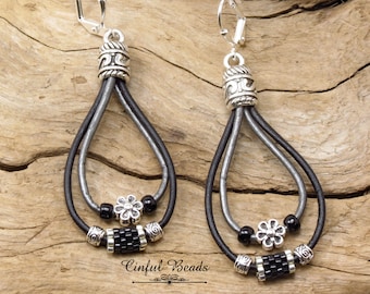 Black And Silver Leather Dangle Earrings - Teardrop Leather Earrings For Women - Boho Leather Earrings With Lever Back Earwires