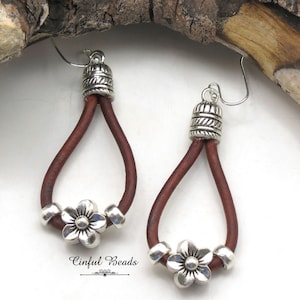 Boho Leather Earrings With Silver Plated Floral Bead - Simple Flower Leather Earrings For Women - Teardrop Leather Dangle Earrings