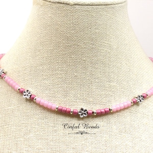 Minimalist Pink Seed Bead Leather Necklace With Flower Spacer Beads - Pink Boho Seed Bead Leather Necklace