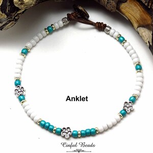 Minimalist Boho Leather Anklet with White Seed Beads, Turquoise Accents, And Flower Spacer Beads - Anklet Lover Gift - Summer Beach Jewelry