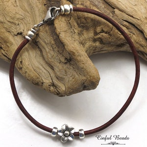 Boho Leather Anklet with Silver Flower Bead - Minimalist Design - Simple and Stylish