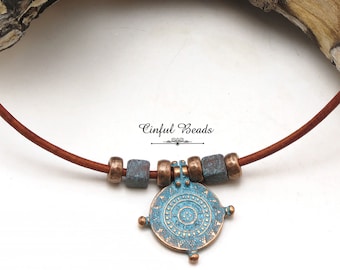 Boho Nautical Copper Patina Necklace with Mariner's Compass and Leather Cord