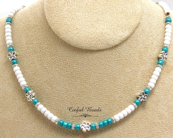 Minimalist Boho Leather Choker Necklace - Turquoise and White Seed Beads with Flower Beads & Extender Chain