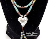 Heart Seed Bead Boho Leather Necklace - Turquoise, Beige, Cobalt, And Red Picasso Leather Bib Necklace - Tribal Leather Necklace (LN20)