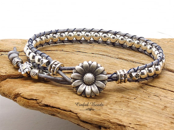 Silver Hematite Leather Bracelet - Electroplate Hematite Leather Wrap - Silver And Denim Beaded Leather Bracelet For Women (ST11)