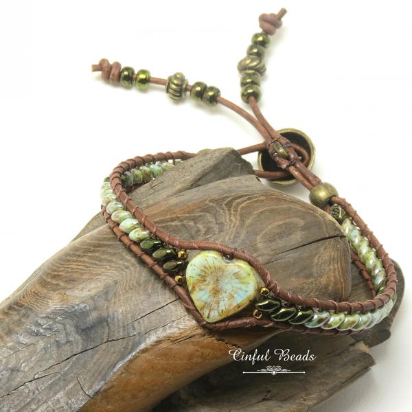 Boho Leather Heart Bracelet With Blue Green Picasso Glass Heart And Superduos