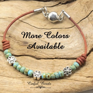Minimalist Southwestern Turquoise Leather Bracelet, Turquoise Picasso Seed Bead Leather Bracelet, Boho Leather Wrap Bracelet For Women (mb2)