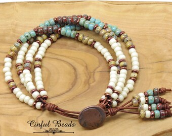 Beaded Leather Bracelet - Boho Leather Seed Bead Bracelet - Indian Head Picasso Seed Bead Leather Bracelet (4ST6)
