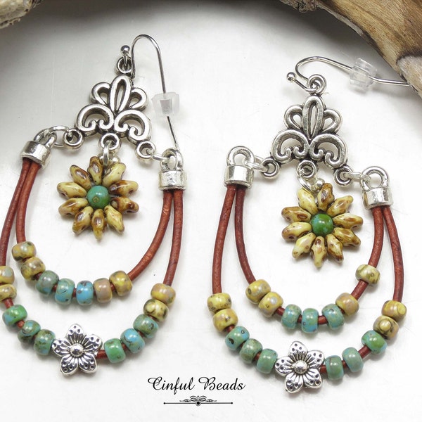 Seed Bead Southwestern Leather Dangle Earrings - Boho Leather Earrings - Picasso Teardrop Earrings - Chandelier Leather Earrings