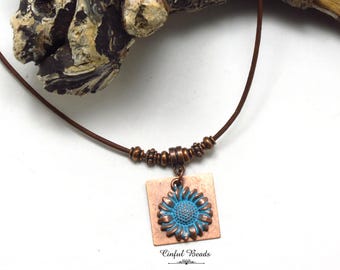 Boho Leather Copper Patina Sunflower Necklace  - Minimalist Leather Necklace - Matching Earrings Available