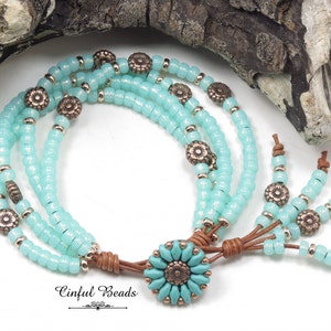 7&quot; Seed Bead Leather Bracelet - Seafoam and Copper Boho 4 Strand Bracelet -Superduo Beaded Leather Bracelet For Women- (4ST32)