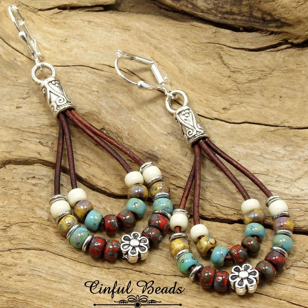 Seed Bead Leather Dangle Earrings - Boho Leather Earrings - Picasso Teardrop Earrings - Leather Hoop Earrings