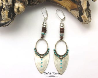 Boho Leather Earrings With Hand Painted Tribal Pendants And Turquoise Accents