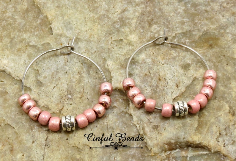 Stainless Steel Hoop Earrings Pink Seed Bead Hoop Earrings Etsy