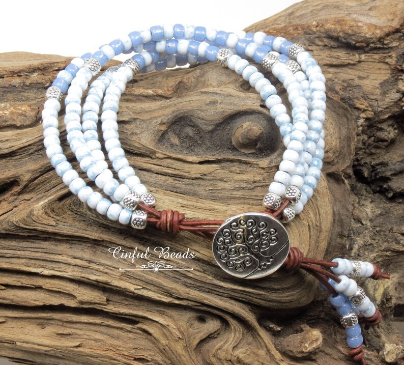 Blue Leather Wrap Bracelet Seed Bead Leather Wrap Blue Etsy