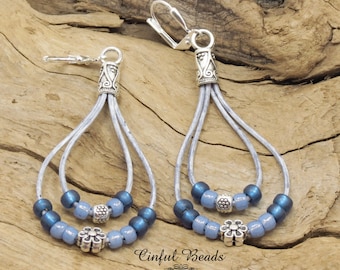 Blue Leather Dangle Earrings - Denim Boho Leather Earrings - Beaded Leather Earrings - Teardrop Earrings For Women