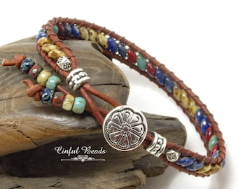 Superduo Leather Wrap Bracelet - Skinny Southwest Bracelet For Women - Boho Stackable Leather Wrap Bracelet - Turquoise Leather Wrap(ST20)