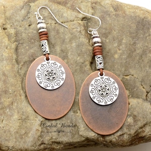 Boho Mixed Metal Leather Dangle Earrings - Copper And Silver Leather Earrings - Statement Earrings