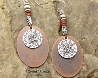 Boho Mixed Metal Leather Dangle Earrings - Copper And Silver Leather Earrings - Statement Earrings