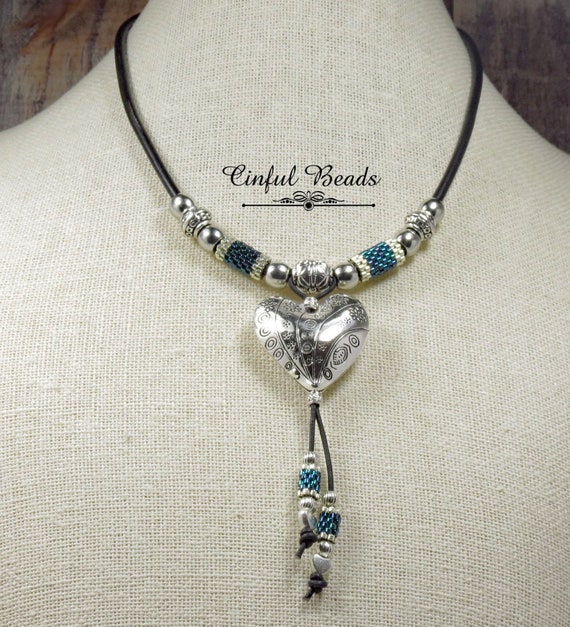 with crystals beaded peyote stitch bail Heart Charm necklace pendant sterling silver