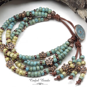 Turquoise Beaded Leather Bracelet - Boho Leather Seed Bead Bracelet - Copper Southwestern Picasso Leather Wrap For Women(4ST23)