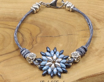 Blue Denim Minimalist Leather Cord Bracelet - Boho Leather Wrap Bracelet - Blue Beaded Superduo Leather Bracelet - Minimalist Jewelry(mb13)