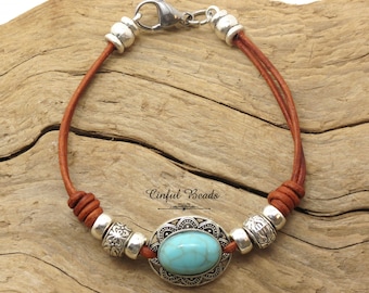 Handcrafted Leather Bracelet with Southwest Inspired Faux Turquoise Focal and Silver Plated Accents