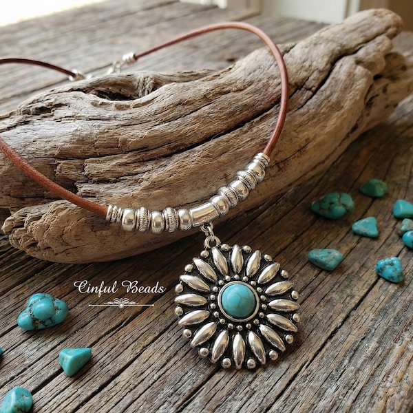 Boho Leather Necklace - Southwestern Daisy Pendant with Acrylic Turquoise Cabochon - Native American Inspired Jewelry