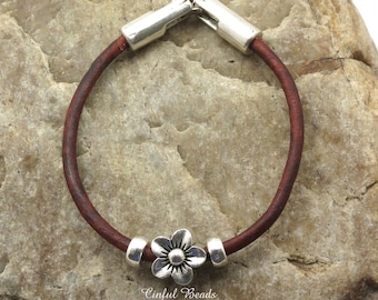 Minimalist Boho Leather Bracelet With Silver Plated Floral Bead - Simple Flower Leather Bracelet For Women