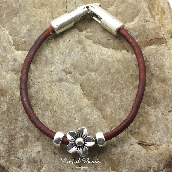 Minimalist Boho Leather Bracelet With Silver Plated Floral Bead - Simple Flower Leather Bracelet For Women