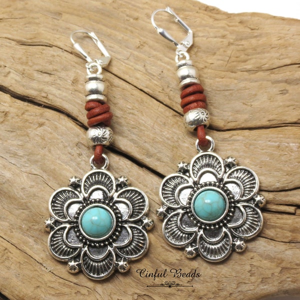 Faux Turquoise And Silver Mandala Leather Earrings - Boho Western Cowgirl Turquoise Leather Earrings For Women