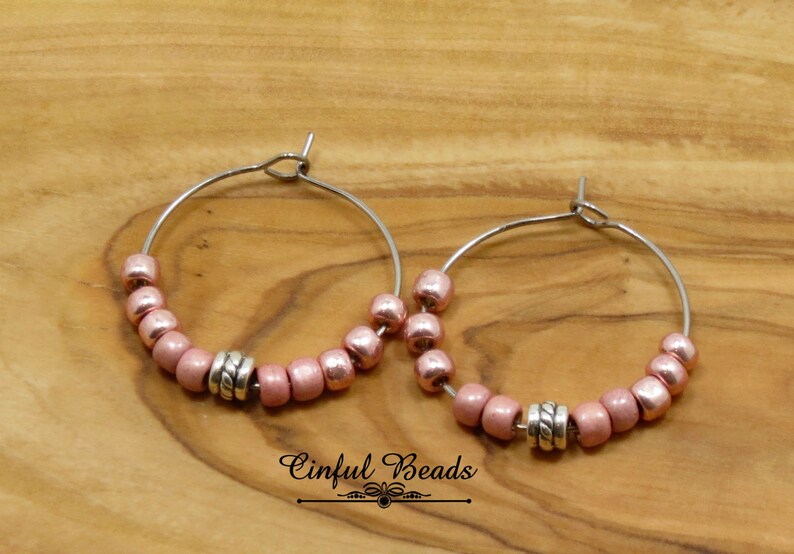 Stainless Steel Hoop Earrings Pink Seed Bead Hoop Earrings Etsy