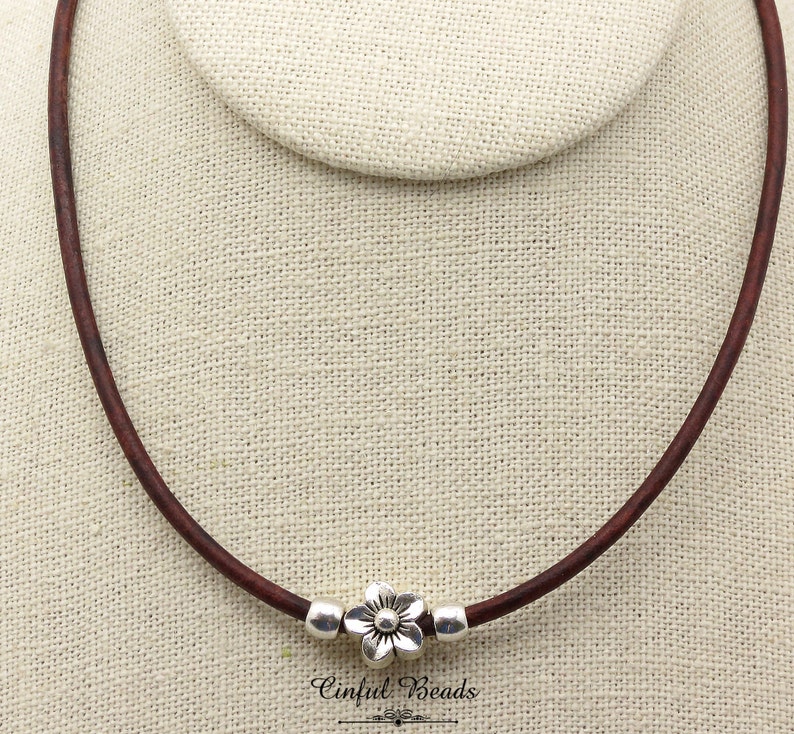 Minimalist Boho Style Silver Flower Leather Necklace Boho Minimalist Leather Jewelry image 7