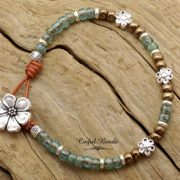 Minimalist Beaded Boho Leather Bracelet - Seafoam and Chocolate Leather Bracelet - Dainty Southwestern Leather Bracelet For Women (MBR102)