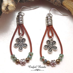 Floral Dangle Leather Earrings, Flower Drop Leather Earrings, Picasso Seafoam Seed Bead Earrings, Boho Leather Earrings