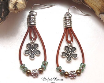 Floral Dangle Leather Earrings, Flower Drop Leather Earrings, Picasso Seafoam Seed Bead Earrings, Boho Leather Earrings