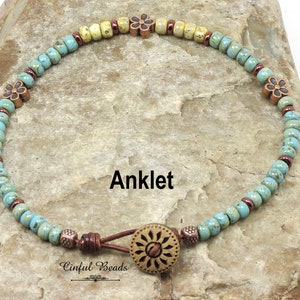 Minimalist Turquoise Beaded Leather Anklet - Seed Bead Leather Anklet - Dainty Southwestern Copper Leather Anklet-  Beach Jewelry(ANK4)