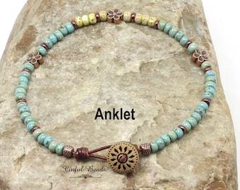 Minimalist Turquoise Beaded Leather Anklet - Seed Bead Leather Anklet - Dainty Southwestern Copper Leather Anklet-  Beach Jewelry(ANK4)