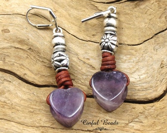 Genuine Amethyst Heart Earrings - Amethyst Heart Leather Dangle Earrings - Gemstone Leather Earrings - Boho Amethyst Earrings