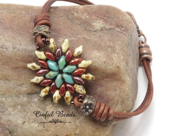 Minimalist Leather Cord Bracelet - Boho Leather Wrap Bracelet - Beige and Turquoise Picasso and Copper Superduo Leather Bracelet (mb14)
